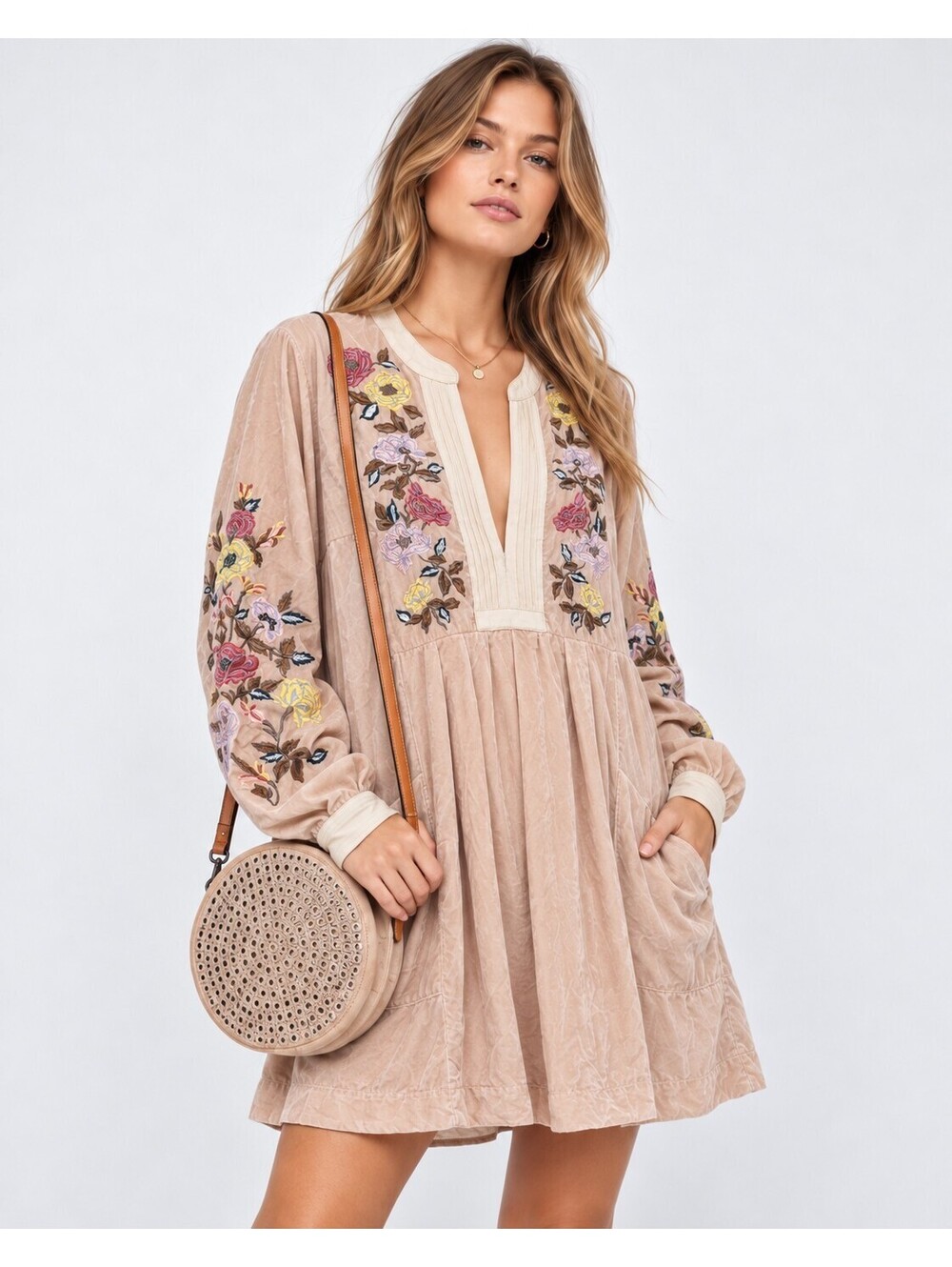 NWT Free People Mia Embroidered Velvet Dress Ivory Sz Lg Oversized Short Boho